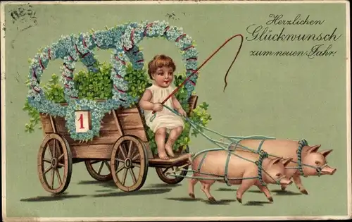 Präge Ak Prosit Neujahr, Schweine, Kalender, Kitsch