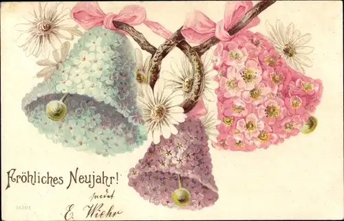 Litho Glückwunsch Neujahr, Glocken, Blumen, Vergissmeinnicht, Margeriten