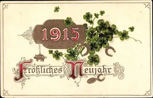 Ak Glückwunsch Neujahr 1915, Glücksklee, Schwein, Hufeisen