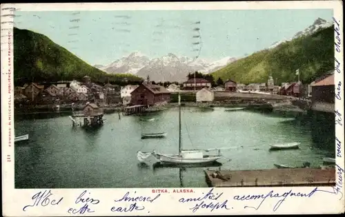 Ak Sitka Alaska USA, Blick auf den Ort, Hafen, Boote