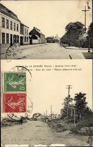 Ak La Bassée Nord, Ruines, Rue de la Lille, Place Lefebvre-d'Orval