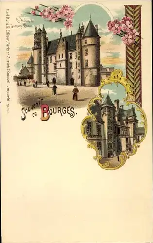 Litho Bourges Cher, Schloss, Stadtansicht