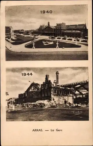 Ak Arras Pas de Calais, La Gare, Zerstörtes Bahnhofsgebäude 1944