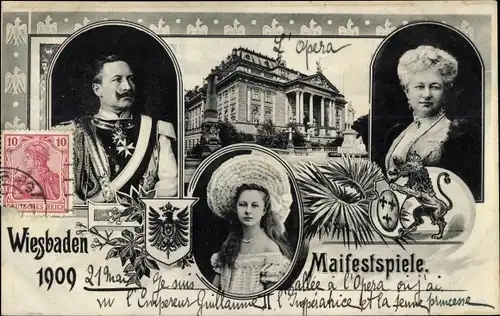 Wappen Ak Wiesbaden in Hessen, Maifestspiele, Kaiser Wilhelm II, Prinzessin Victoria Luise, Kaiserin