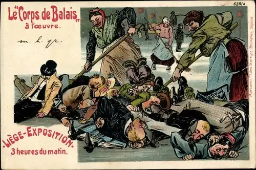 Litho Liège Lüttich Wallonien, Exposition, Le Corps de Balais, Straßenkehrerinnen, Betrunkene