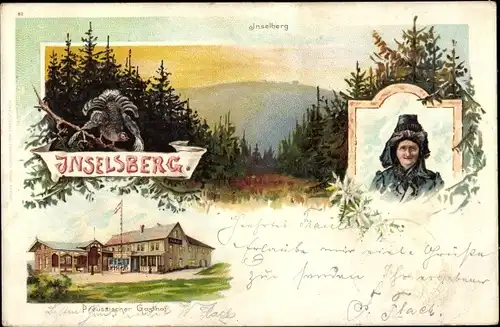 Litho Brotterode in Thüringen, Inselsberg, Frau in Tracht, Preußischer Gasthof, Auerhuhn