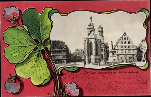 Kleeblatt Passepartout Ak Stuttgart in Württemberg, Stiftskirche mit Schillerdenkmal
