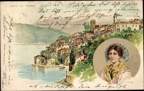 Litho Lago di Como Lombardia, Corenno, Frau in Volkstracht, Panorama vom Ort