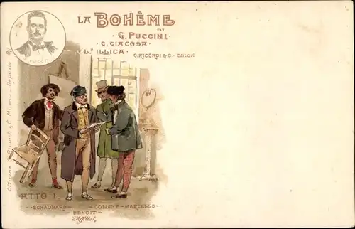 Litho La Boheme di G. Puccini, Atto I, Schaunard, Benoit, Colline, Marcello