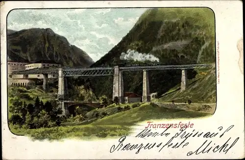 Ak Franzensfeste Fortezza Südtirol, Eisenbahnbrücke, Dampflok