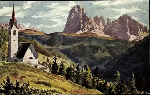 Künstler Ak Steiner, L., St. Ulrich in Gröden Ortisei Südtirol, Kirche, Landschaftspanorama