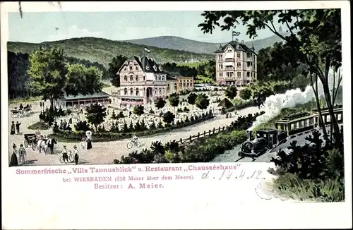 Ak Wiesbaden in Hessen, Villa Taunusblick und Restaurant Chausseehaus, Dampflok