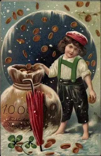 Präge Ak Glückwunsch Neujahr, Geldregen, Junge, Geldsack, Kleeblatt