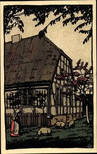 Steindruck Ak Bauernhaus, Schweine