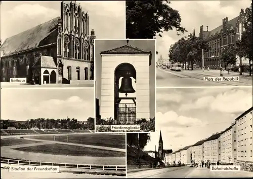 Ak Frankfurt an der Oder, Rathaus, Platz der Republik, Bahnhofstraße, Friedensglocke, Stadion