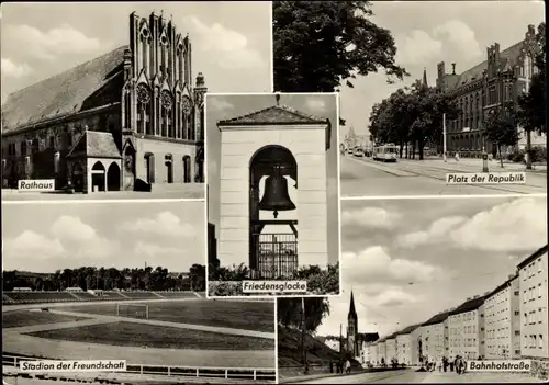 Ak Frankfurt an der Oder, Rathaus, Platz der Republik, Bahnhofstraße, Friedensglocke, Stadion