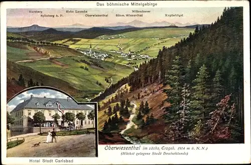 Ak Oberwiesenthal im Erzgebirge Sachsen, Hotel Stadt Carlsbad, böhmisches Mittelgebirge
