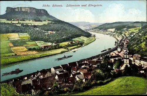 Ak Königstein an der Elbe Sächsische Schweiz, Ortsblick mit Landschaft, Lilienstein