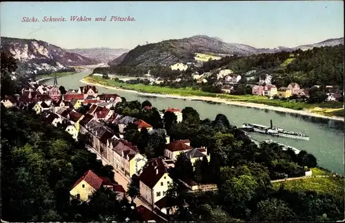 Ak Wehlen an der Elbe Sachsen, Panorama mit Pötzscha und Dampfer