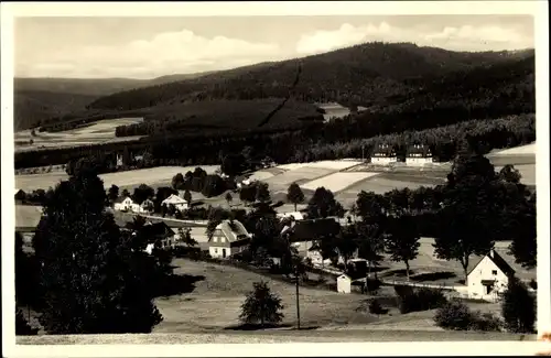 Ak Eubabrunn Erlbach im Vogtland, Blick auf den Ort, Wald, Berge