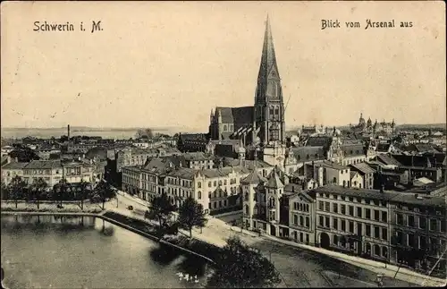 Ak Schwerin in Mecklenburg, Blick vom Arsenal aus, Kirche