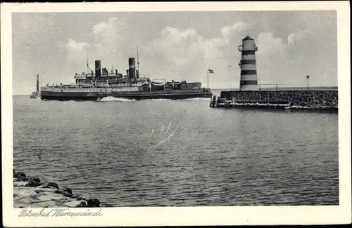 Ak Ostseebad Warnemünde Rostock, Dampfschiff, Leuchtturm