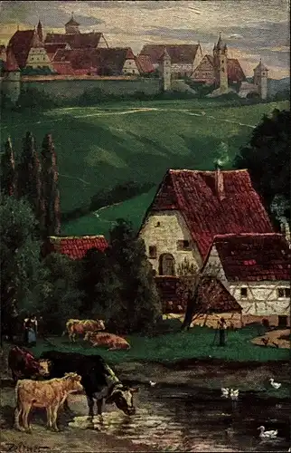 Künstler Ak Zeltner, Philipp, Rothenburg ob der Tauber Mittelfranken, Blick von der Herrenmühle