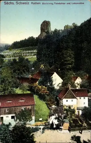 Ak Rathen an der Elbe Sächsische Schweiz, Basteiweg, Talwächter, Lokomotive