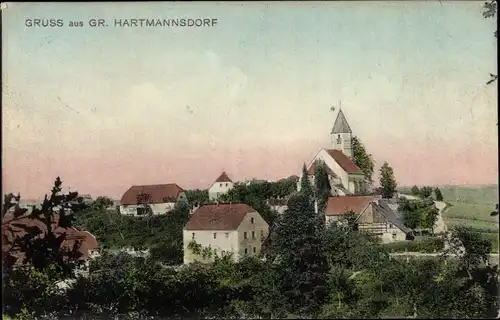 Ak Großhartmannsdorf im Erzgebirge, Ortsansicht mit Kirche