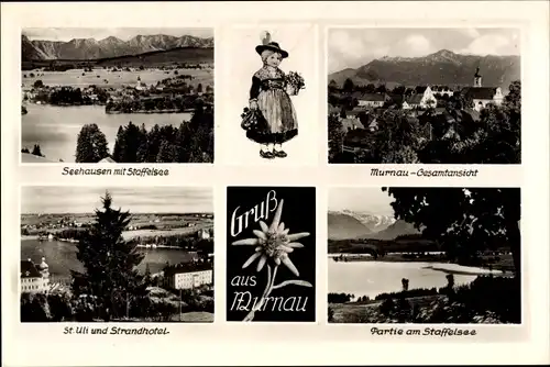 Ak Murnau am Staffelsee, Seehausen mit Staffelsee, Gesamtansicht, St. Uli und Strandhotel, Edelweiß