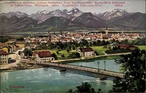 Künstler Ak Rosenheim im Alpenvorland Oberbayern, Panorama, Berge