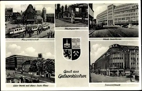 Wappen Ak Gelsenkirchen, Hauptbahnhof, Sparkasse, Hans Sachs Haus, Stadtgarten