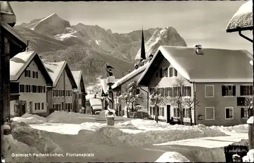 Ak Garmisch Partenkirchen in Oberbayern, Floriansplatz im Schnee