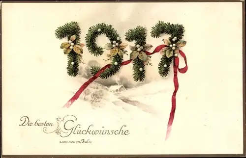 Ak Glückwunsch Neujahr 1917, Tannenzweige, Schleife