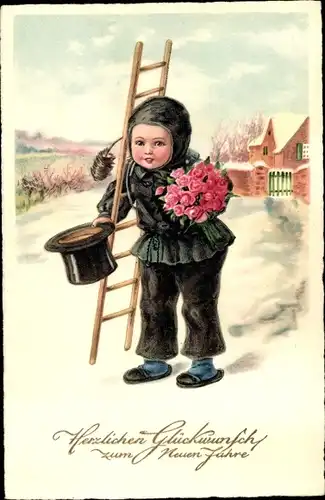 Ak Glückwunsch Neujahr, Schornsteinfeger, Leiter, Blumenstrauß