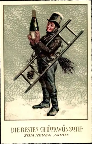 Ak Glückwunsch Neujahr, Schornsteinfeger, Sektflasche