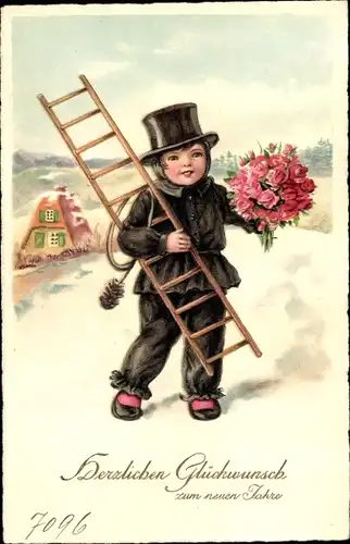 Ak Glückwunsch Neujahr, Schornsteinfeger, Blumenstrauß