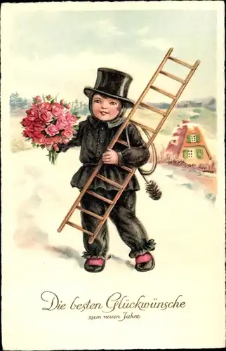 Ak Glückwunsch Neujahr, Schornsteinfeger, Blumenstrauß