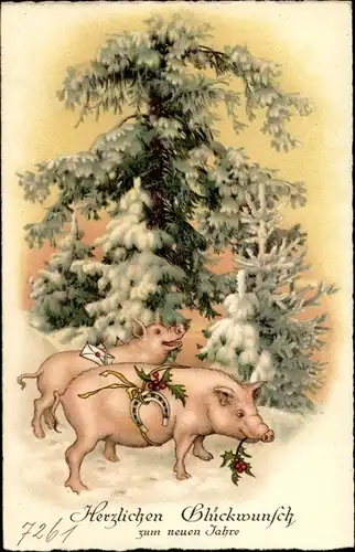 Ak Glückwunsch Neujahr, Schweine, Hufeisen, Stechpalme, Tannenbaum