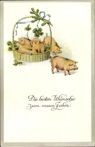 Ak Glückwunsch Neujahr, Schweine, Glücksklee, Korb, Tannenzweig