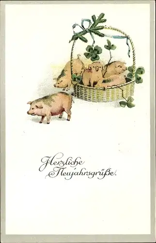 Ak Glückwunsch Neujahr, Schweine, Glücksklee, Korb, Tannenzweig