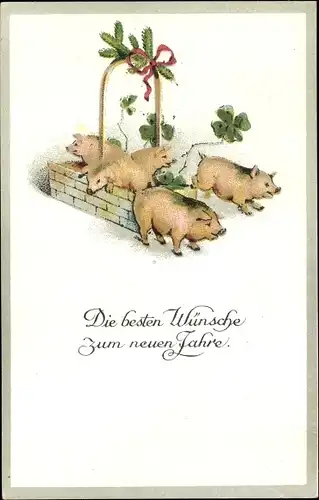 Ak Glückwunsch Neujahr, Schweine, Glücksklee, Korb, Tannenzweig