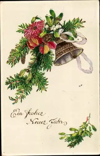 Ak Glückwunsch Neujahr, Glocke, Blumen, Tannenzweige