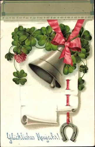 Präge Ak Glückwunsch Neujahr, Kleeblätter, Glocke, Hufeisen