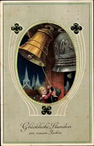 Präge Ak Glückwunsch Neujahr, Kleeblätter, Glocke, Hufeisen
