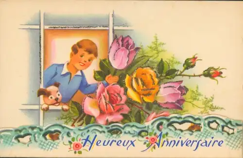 Ak Glückwunsch, Heureux Anniversaire, Glitzer, Junge, Hund, Rosen