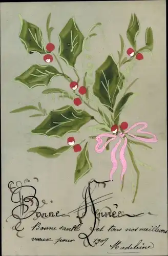 Zelluloid Ak Glückwunsch Neujahr, Stechpalme