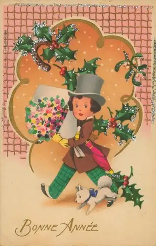 Ak Glückwunsch Neujahr, Kind, Blumenstrauß, Stechpalme, Mistelzweige, Hund, Hufeisen
