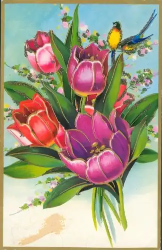 Ak Blumenstrauß, Glitzer, Vögel, Tulpen, Kitsch