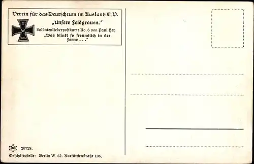 Lied Künstler Ak Hey, Paul, Was blinkt so freundlich, Soldatenliederkarte No. 6, Unsere Feldgrauen